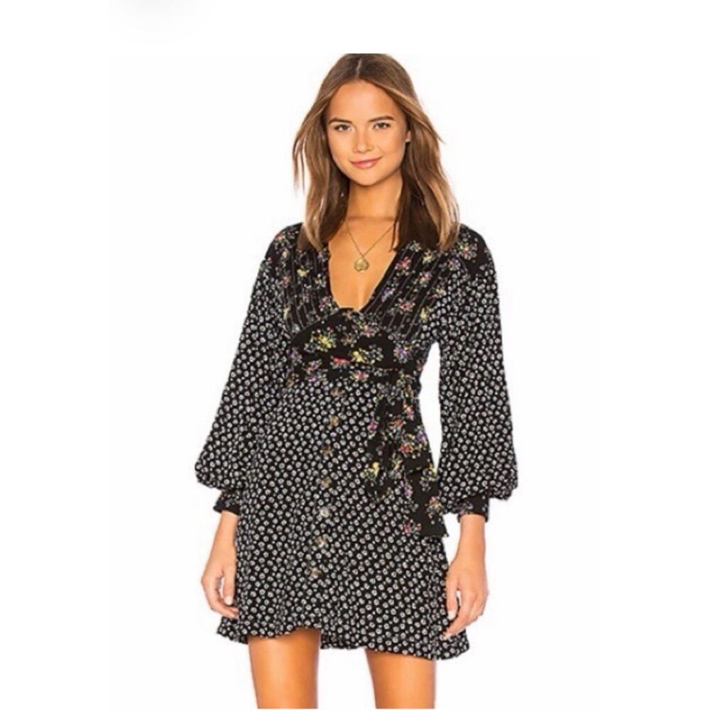 Free People Wonderland Fall Mini Dress Wrap Tie in black floral - XS